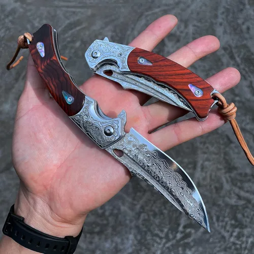 Vista 5 de Cuchillo hecho a mano japonés VG10 Damasco acero plegable cuchillo, mango de bloqueo de revestimiento de palisandro, cuchillos de bolsillo EDC