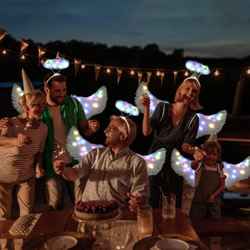 Vista 7 de Alas de ángel alas de ángel iluminadas y halo con luces LED disfraz de alas de ángel blancas para adultos mujeres niños Halloween Navidad
