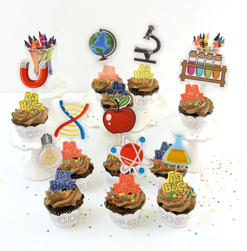 Vista 4 de Gyufise 36 piezas de decoración para cupcakes de ciencia, rocas de ciencia, para baby shower, niños, astronomía, biología, química, física, ciencia