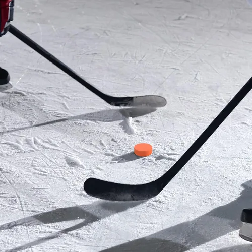 Vista 6 de Cosmos 2 pelotas deportivas de hockey sobre hielo para práctica y entrenamiento. Diámetro de 3 pulgadas, 1 pulgada de grosor, color negro y naranja