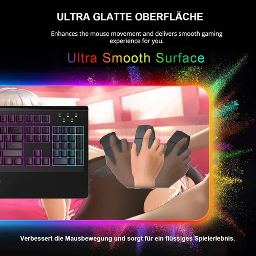 Vista 5 de Alfombrilla grande para mouse con luces LED RGB, animé para niña, sexy, pechos en el pecho, accesorios para videojuegos, videojuegos, escritorio