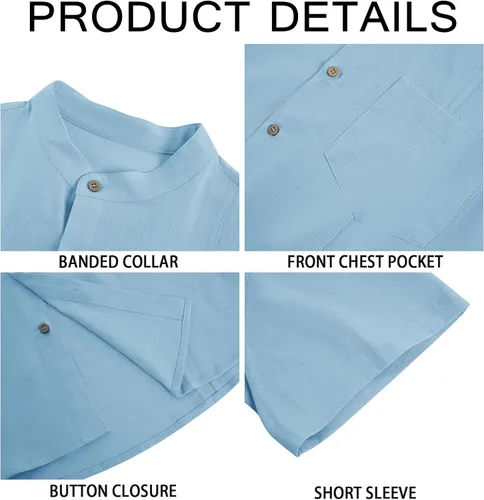 Vista 5 de Makkrom Camisa guayabera de lino para hombre, con botones, manga corta, casual, cubana, mexicana, cuello de banda, tops de verano para la playa