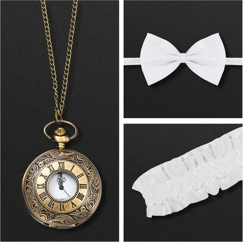 Vista 5 de Halloween 1920s hombres gángster Cosplay conjunto chaleco accesorios gángster sombrero pajarita brazaletes bolsillo reloj spats cigarro