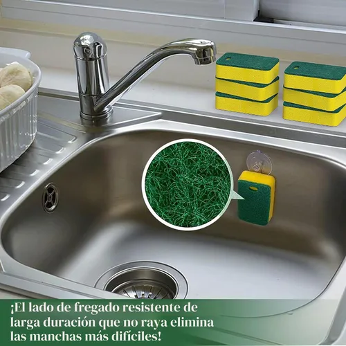 Vista 4 de Paquete de 12 esponjas de cocina resistentes de doble cara, amarillo/verde Limpieza de platos antiarañazos, sin olor, multiusos para ollas
