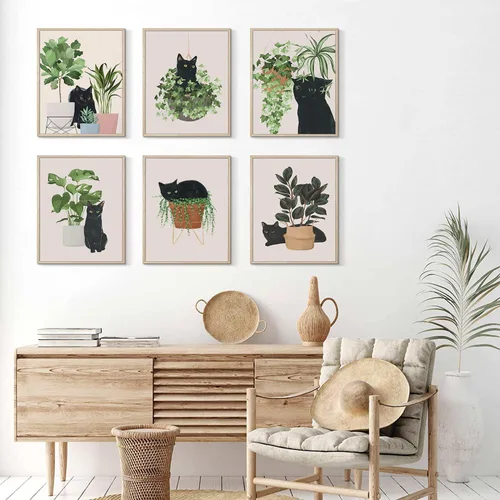 Vista 6 de 6 piezas de arte botánico de pared con diseño de gato negro, hojas verdes, plantas y plantas bohemias, arte de pared minimalista, impresiones