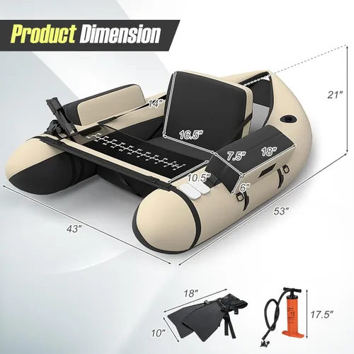 Vista 7 de GYMAX Tubo flotador de pesca, barco de pesca inflable de 350 libras con paleta, bomba, aletas, estatores de anzuelos, regla de pescado, bolsillos