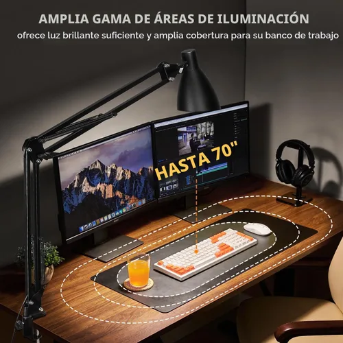Vista 5 de Lámpara de escritorio con brazo oscilante con abrazadera, brazo ajustable con abrazadera LED en lámparas de escritorio con 5 modos de color y 10