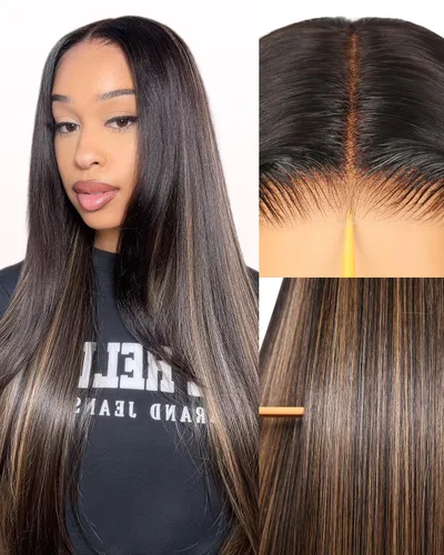 Vista 8 de TESLAL - Peluca de mezcla de cabello humano lacio rubio ceniza de encaje de 6 x 6 pulgadas, sin pegamento, 20 pulgadas Premium Fiber Blend Human