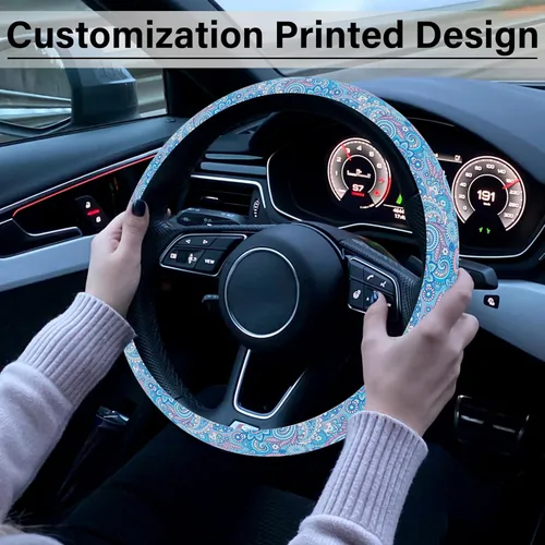 Vista 2 de Funda para volante con patrón bohemio azul, funda protectora para volante con estampado lindo, ultradelgada, transpirable, antideslizante