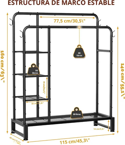 Vista 3 de Perchero de doble barra con estantes de almacenamiento de 4 niveles, perchero para colgar ropa, organizador multifuncional de ropa resistente