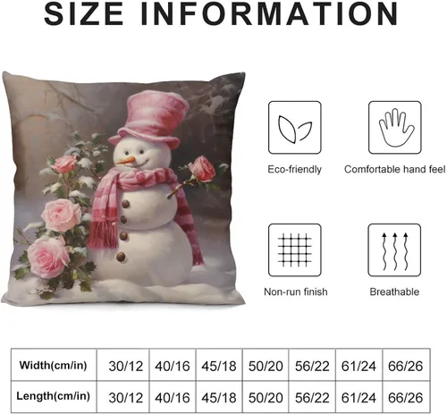 Vista 3 de Funda de cojín de muñeco de nieve con rosas rosadas, bufanda y sombrero, funda de almohada para cama, decoración moderna para sofá, dormitorio, sala