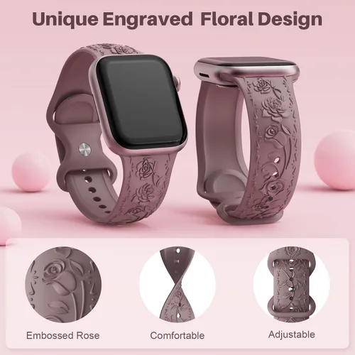 Vista 2 de Correa de silicona suave con grabado floral compatible con Apple Watch Band de 1.575 in, 1.614 in, 1.496 in, 1.654 in, 1.732 in, 1.772 in y 1.929 in