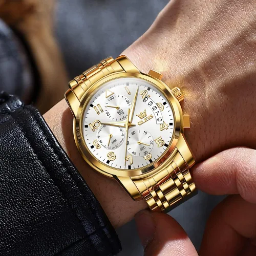 Vista 2 de OLEVS Reloj de pulsera ajustable de acero inoxidable impermeable con cronógrafo de cara grande reloj analógico de moda de negocios reloj de pulsera