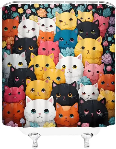 Vista 4 de Divertida cortina de ducha con diseño de gato y dibujos animados, diseño floral, encantador, animal, amante de las mascotas, decoración de baño