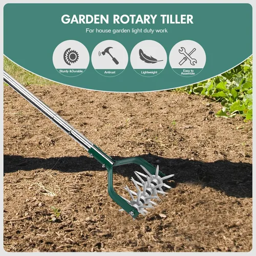 Vista 4 de YEELOR Herramienta de jardín de cultivador rotativo con engranajes de aluminio duraderos Manual Tiller, 57″ long handle, loosens soil, mixes in