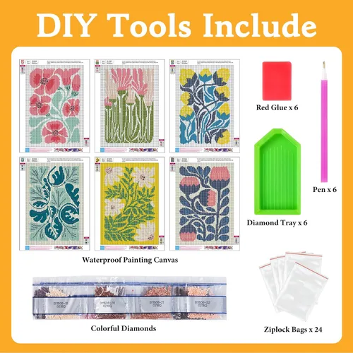 Vista 3 de Paquete de 6 kits de arte de diamantes para adultos con flores, kit de pintura de diamante 5D para principiantes, floral, redondo completo, puntos