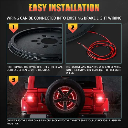 Vista 3 de LEDUR Luz de freno de llanta de repuesto tercera luz de freno LED luz de rueda trasera para Jeep Wrangler 2007-2018 JK y 2018+JKU JLU luz roja