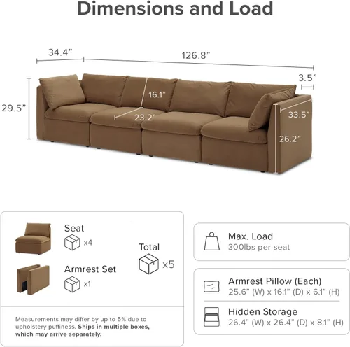 Vista 2 de mopio Sofá modular de gran tamaño con fundas y almacenamiento totalmente extraíbles, secciones convertibles en forma de U y L, moderno sofá de nube