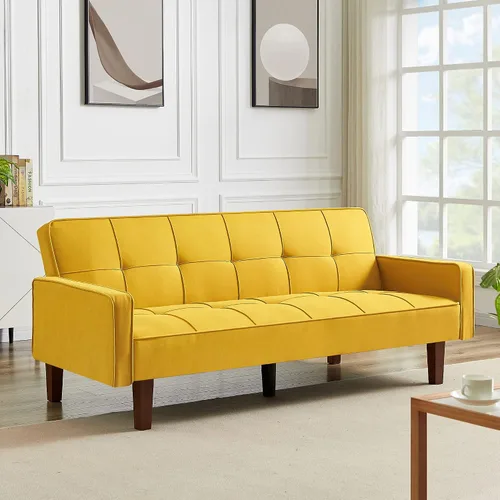 Vista 9 de Sofá cama moderno y simple, respaldo ajustable, sofá funcional con diseño de cuadrícula clásica, sofá de tres asientos, marco de madera, adecuado