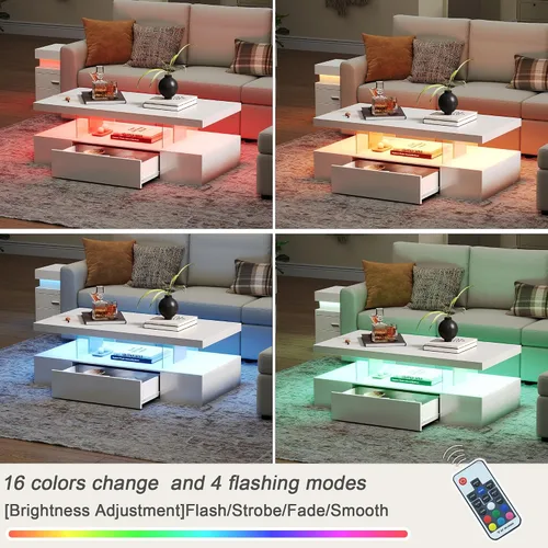 Vista 4 de ChooChoo Mesa de centro moderna con LED, mesa central de alto brillo con cajón, mesa auxiliar rectangular con almacenamiento para sala de estar