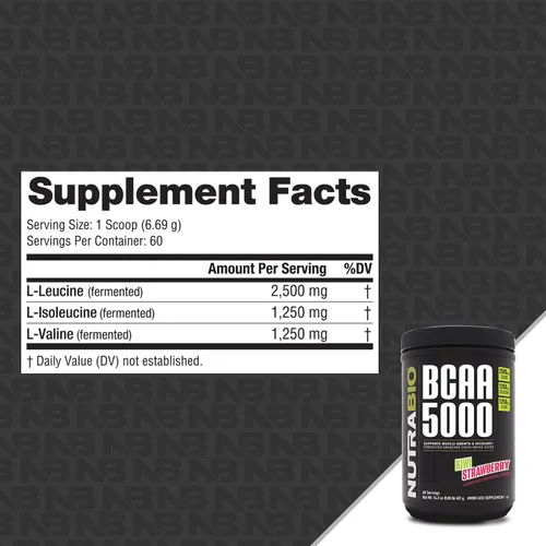 Vista 2 de NutraBio BCAA 5000 Polvo - BCAA fermentado vegano - Apoya el crecimiento muscular magro, la recuperación, la resistencia - 60 porciones - Kiwi fresa