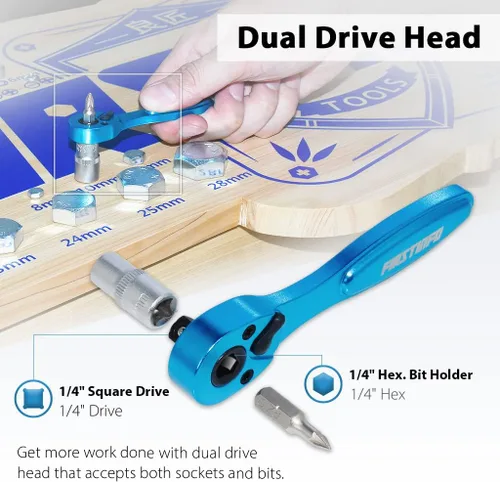 Vista 3 de FIRSTINFO F32423B Llave de Trinquete Micro de Doble Accionamiento con Broca Hexagonal y Dado de 1/4 Pulgada - Aluminio Ligero, 72T Reversible