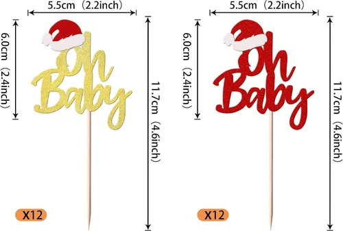 Vista 2 de Rsstarxi Paquete de 24 Adornos para Cupcakes Oh Baby de Navidad con Purpurina, Sombreros de Navidad, Palillos para Cupcakes de Baby Shower para Baby