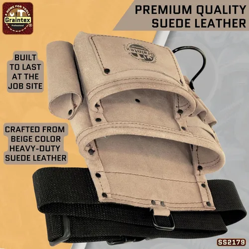 Vista 4 de Graintex 5 Pocket Suede Leather Tool Belt/Bag, Multipurpose Leather Tool Belt for Women and Men, Ideal for Construction, Electrician, Handymen Beige