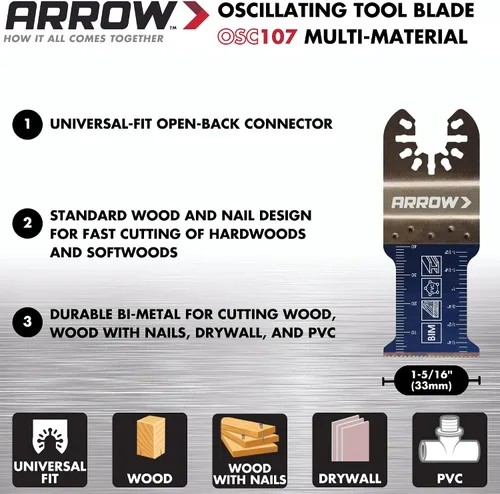 Vista 4 de Arrow OSC101VP-3 - Paquete variado de cuchillas oscilantes multimateriales para tuberías de cobre, madera, PVC, paneles de yeso, universal, se
