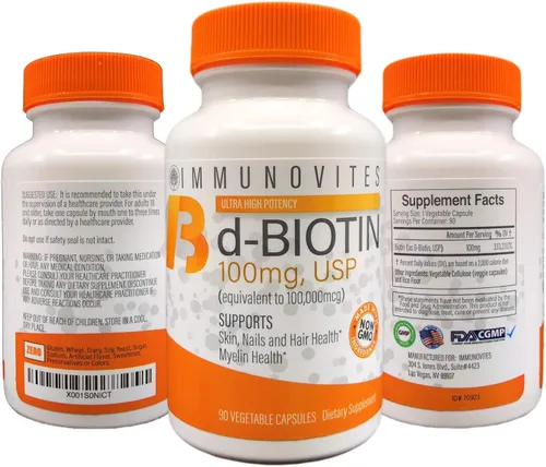 Vista 8 de IMMUNOVITES Biotina de dosis alta (como d-biotina, USP) 100mg (equivalente a 100,000mcg) 90 cápsulas, alta potencia