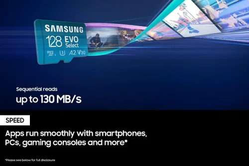 Vista 4 de SAMSUNG EVO Select Micro SD-Tarjeta de memoria + adaptador, 128 GB microSDXC 130 MB/s Full HD y 4K UHD, UHS-I, U3, A2, V30, almacenamiento ampliado