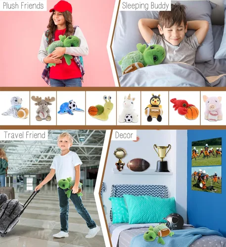 Vista 4 de DolliBu Animal de peluche de tortuga marina con peluche de fútbol, tortuga marina suave y abrazable, adorable juguete de peluche para jugar, juguete