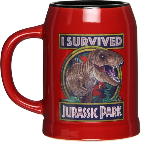 Vista 3 de Taza de café de cerámica con texto en inglés "I Survived Jurassic Park T-Rex, 24 onzas