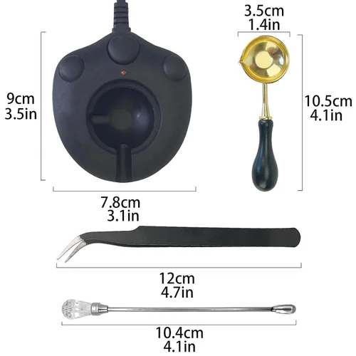 Vista 2 de Kit de calentador de sellos de cera eléctrico negro con cuchara, pinzas y palito de agitador, para sello de cera, sobre letras y manualidades