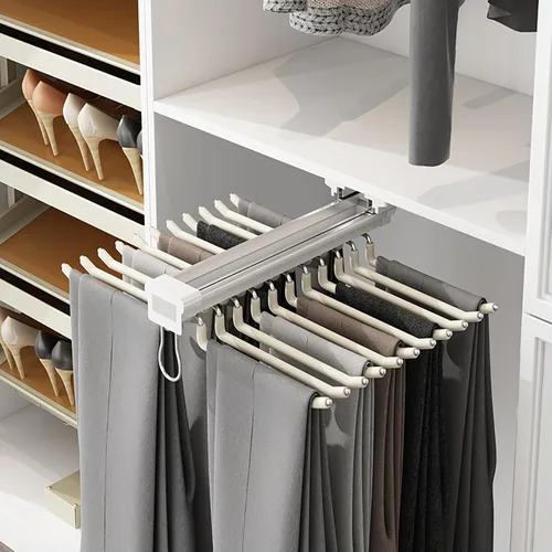 Vista 3 de Perchero extraíble para pantalones de doble fila y 22 brazos para armario, organizador de pantalones extraíbles para guardarropa, dormitorio (beige)