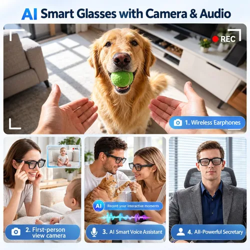 Vista 2 de Lentes inteligentes AI con cámara de 13 MP, audio Bluetooth, control de voz y traducción en tiempo real, gafas inteligentes de oreja abierta
