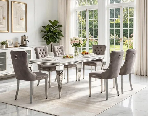 Vista 22 de Juego de 5 mesas de comedor de mármol sintético para 4 mesas de cocina de lujo de 68 pulgadas de oro blanco con 4 sillas tapizadas de terciopelo