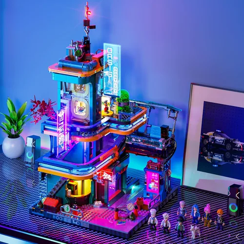 Vista 8 de FUNWHOLE Cyberpunk Mansion Lighting - Juego de ladrillos de construcción – 2524 piezas de edificios modulares de ciudad futura idea de exhibición