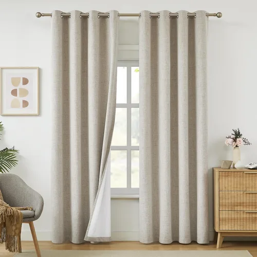 Vista 22 de Cortinas opacas de lino beige Melodieux de 63 pulgadas de largo para dormitorio, sala de estar, 100% cortinas con ojales para bloquear la luz