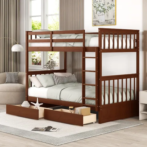 Vista 10 de Merax Litera de madera con dos cajones, litera de madera convertible con escaleras y dos cajones de almacenamiento, marco de cama desmontable