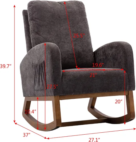 Vista 2 de Mecedora de madera tapizada de tela, silla mecedora de respaldo alto copetuda con asiento y respaldo acolchados, silla mecedora para cuarto de bebé