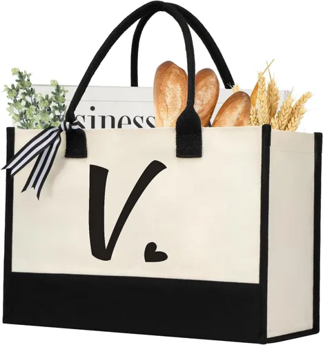 Vista 32 de shenee Initial Canvas Tote Bag, Personalized Beach Bags Gift for Women