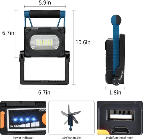 Vista 6 de Luz de trabajo LED de 30 W con soporte USB solar recargable magnética, plegable, portátil, impermeable, 36 LED de 3000 LM, 4 modos, soporte