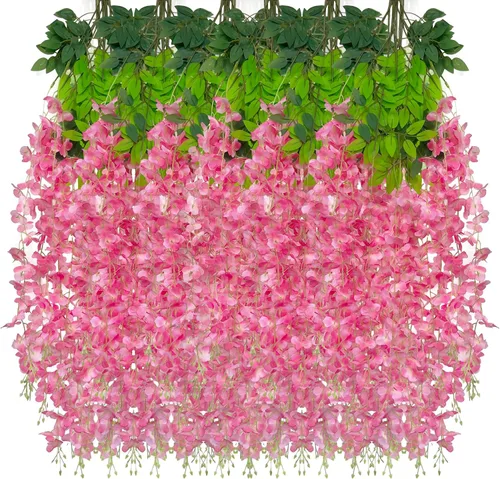 Vista 25 de Paquete de 5 guirnaldas de flores colgantes de glicina rosa, enredaderas de flores artificiales de 3.77 pies, glicinia falsa, guirnalda colgante