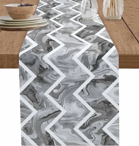 Vista 10 de Zigzi - Bufandas de mesa azules, textura de mármol a rayas grises de Zigzi, camino de mesa de comedor, decoración de mesa rectangular lavable