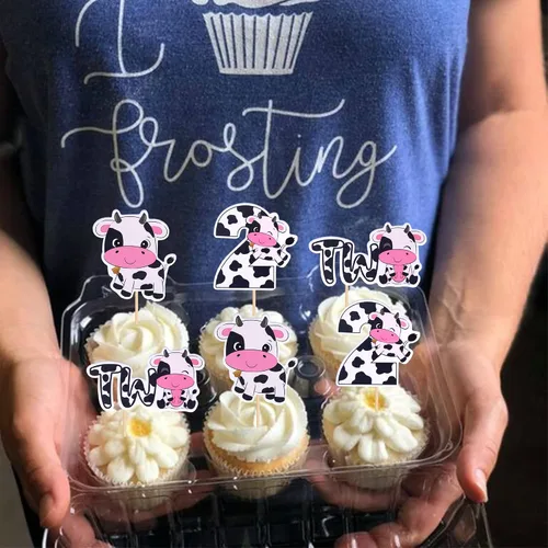 Vista 5 de Rsstarxi Paquete de 36 adornos para cupcakes con diseño de vaca, dos decoraciones para cupcakes de animales de granja con zoom de 2º cumpleaños