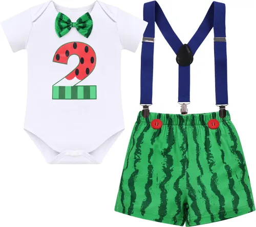 Vista 15 de Conjunto de 4 piezas de 3 piezas para bebé, diseño de sandía, para el primer cumpleaños, para tarta, de manga corta, pañales, con tirantes