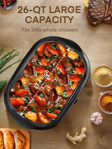 Vista 5 de FOHERE Horno asador eléctrico de 26 cuartos de galón con tapa visible y autofundante, tostador grande de pavo con función de descongelación y calor