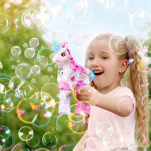 Vista 2 de Pistola de burbujas de unicornio rosa para niños, juguete soplador automático de burbujas Lindo lanzador de burbujas para niños pequeños, niños