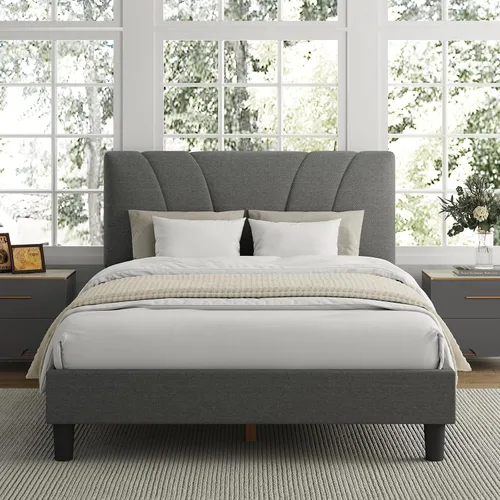 Vista 6 de Avenco - Base de cama tamaño matrimonial con plataforma tapizada y cabecera ajustable, soporte de listones de madera, fácil montaje, no necesita